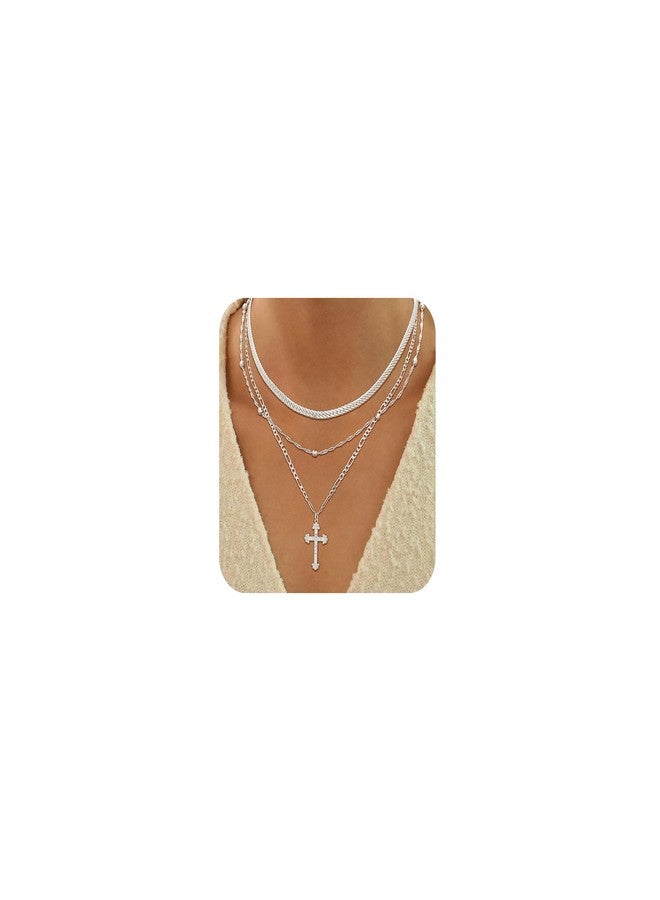ASCOMY Necklace for Women 14K Silver Plated Layered Necklaces Stackable Layering Twist Rope Choker Herringbone Figaro CZ Cross Necklace Stacking Silver Choker Necklaces Trendy Jewelry Gift for Her - Image 1